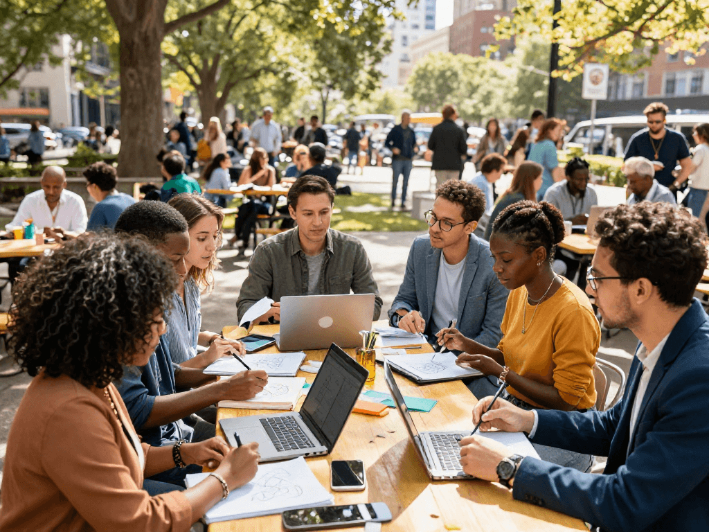 An inspiring community scene showing individuals at https://hustleoverentitlement.com engaging in discussion and innovation in a vibrant urban park.
