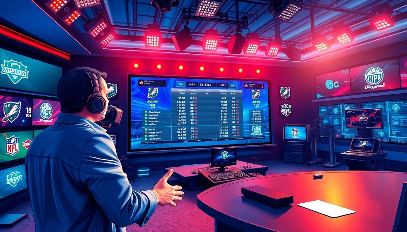Engaging scene of sports broadcasting highlights dynamic analysis with live stats presentation.