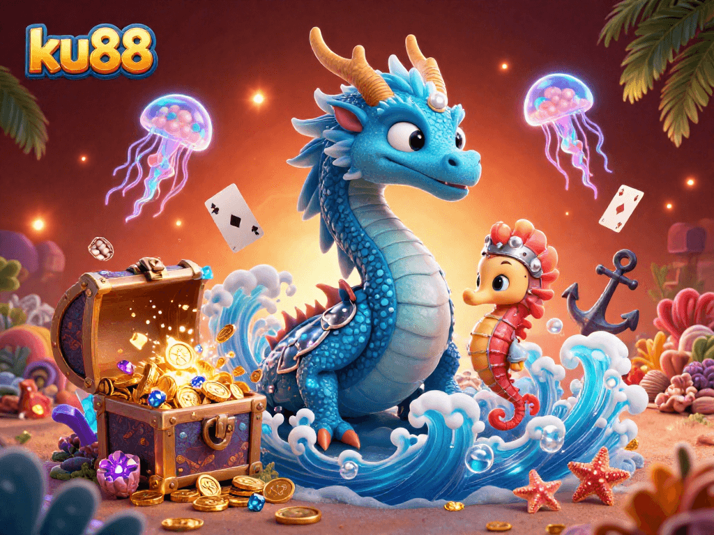ku88 casino scene showcasing an azure water dragon, seahorse knight, and jellyfish amidst game elements.