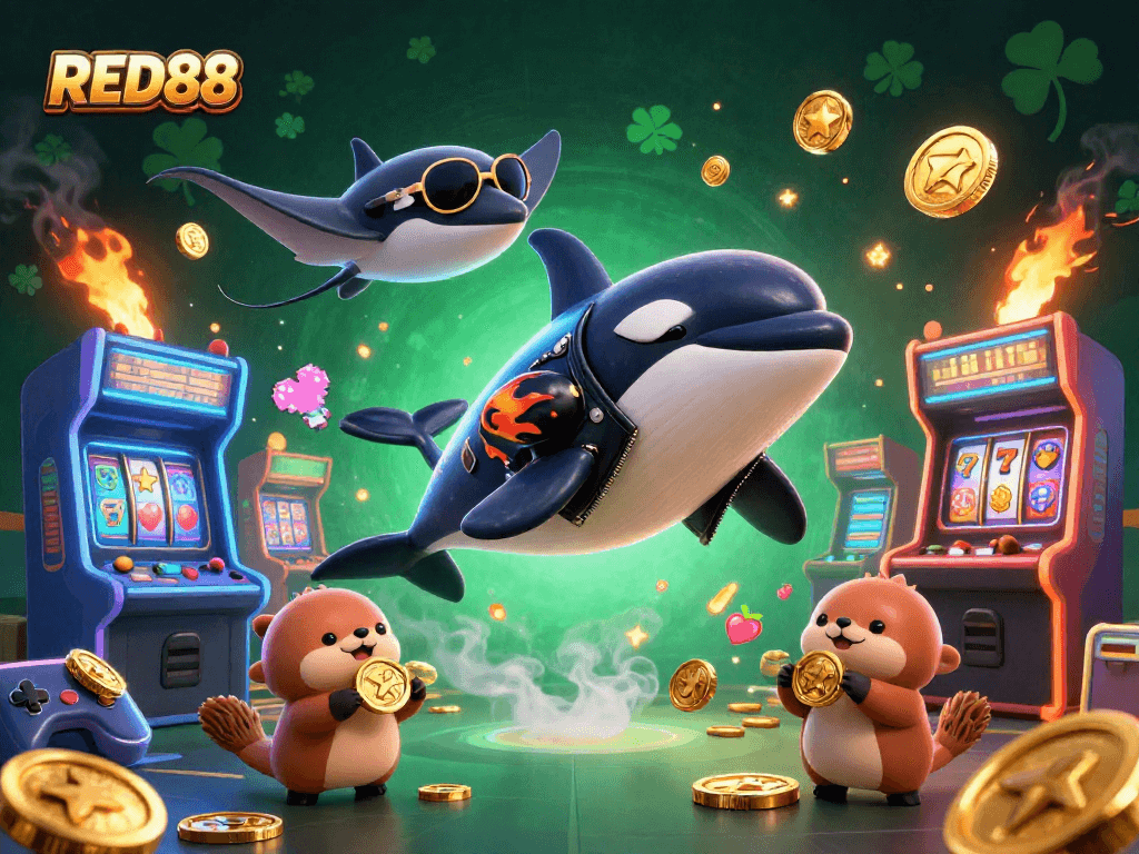 Engage with RED88 and experience the thrill of winning golden coins in a vibrant arcade-casino scene.