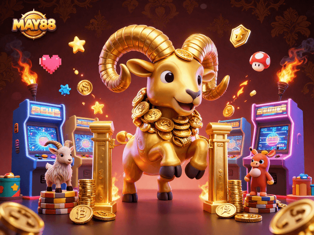 MAY88 showcases a golden ram charging through a dynamic casino scene, filled with gaming elements.