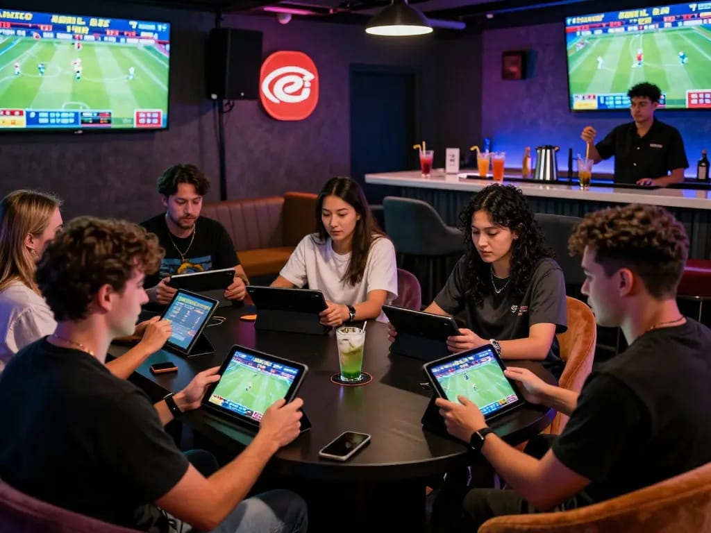 Exciting online gambling experience at MMOO, showcasing dynamic gaming activities on various devices, with vibrant atmosphere on gaming lounge.
