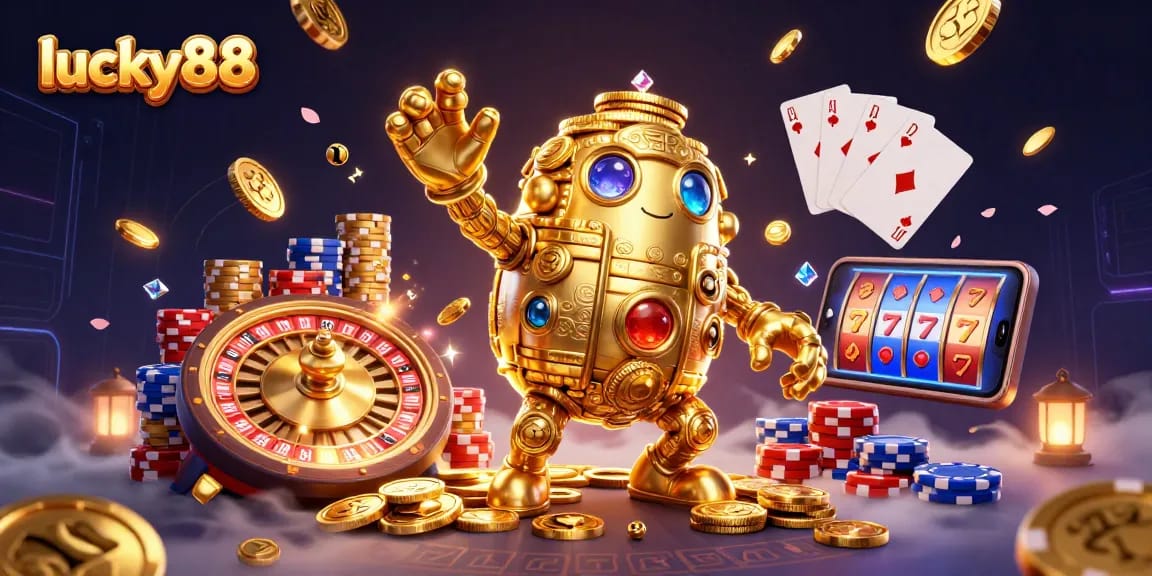 Experience the thrill of lucky88 as vibrant golden coins cascade around the exciting casino scene.