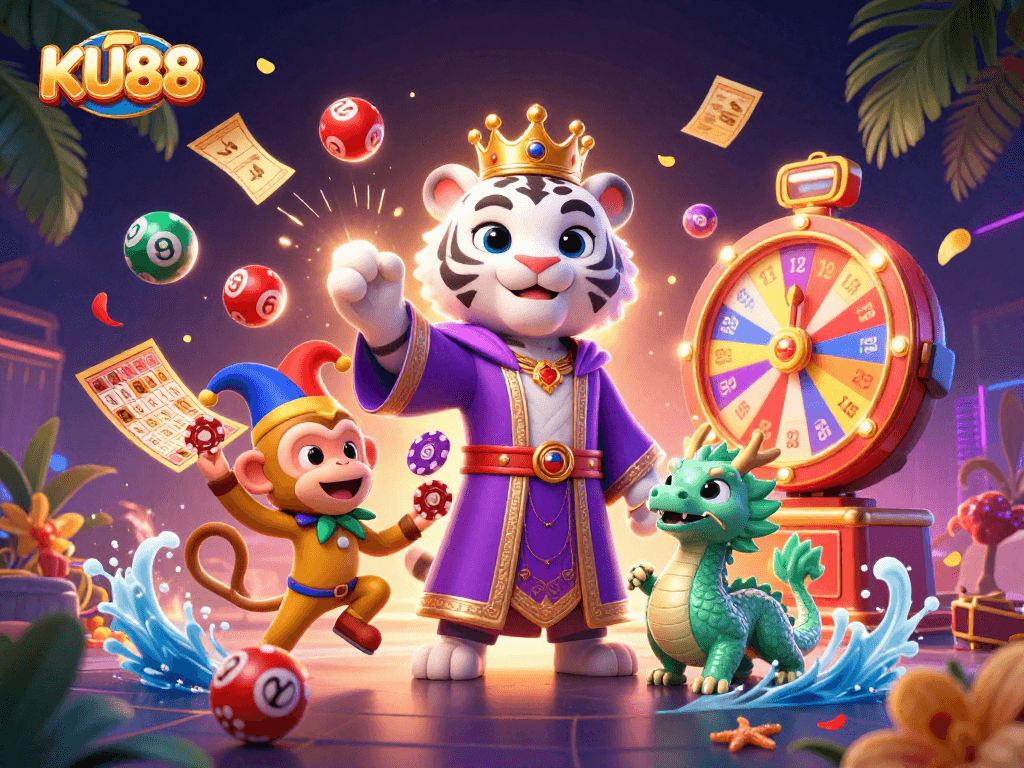 KU88 engaging casino illustration with a vibrant white tiger, lucky monkey, and lively gaming elements.
