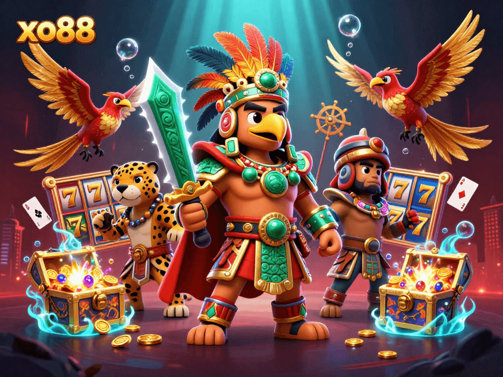 Experience the thrill of xo88 with a vibrant 3D illustration showcasing an Aztec warrior and exciting casino elements.