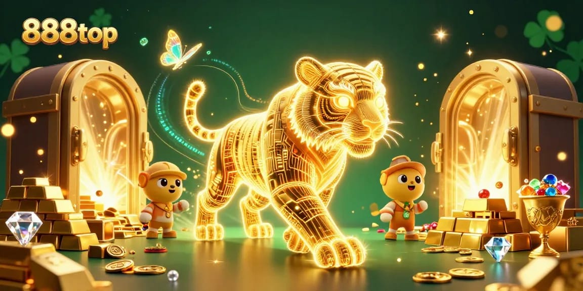 Play exciting games at 888top with dynamic visuals of golden treasures and a neon tiger in a digital casino.