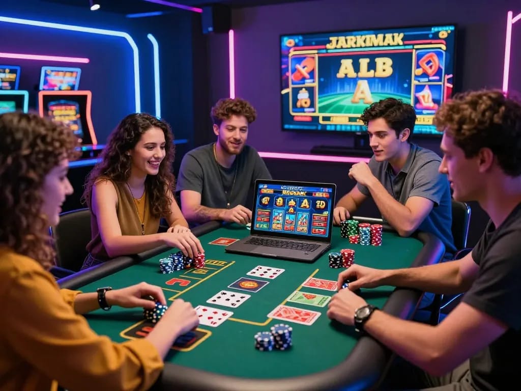 Friends enjoying an exciting gaming session at https://nohu78.de.com, surrounded by colorful casino elements and engaging technology.