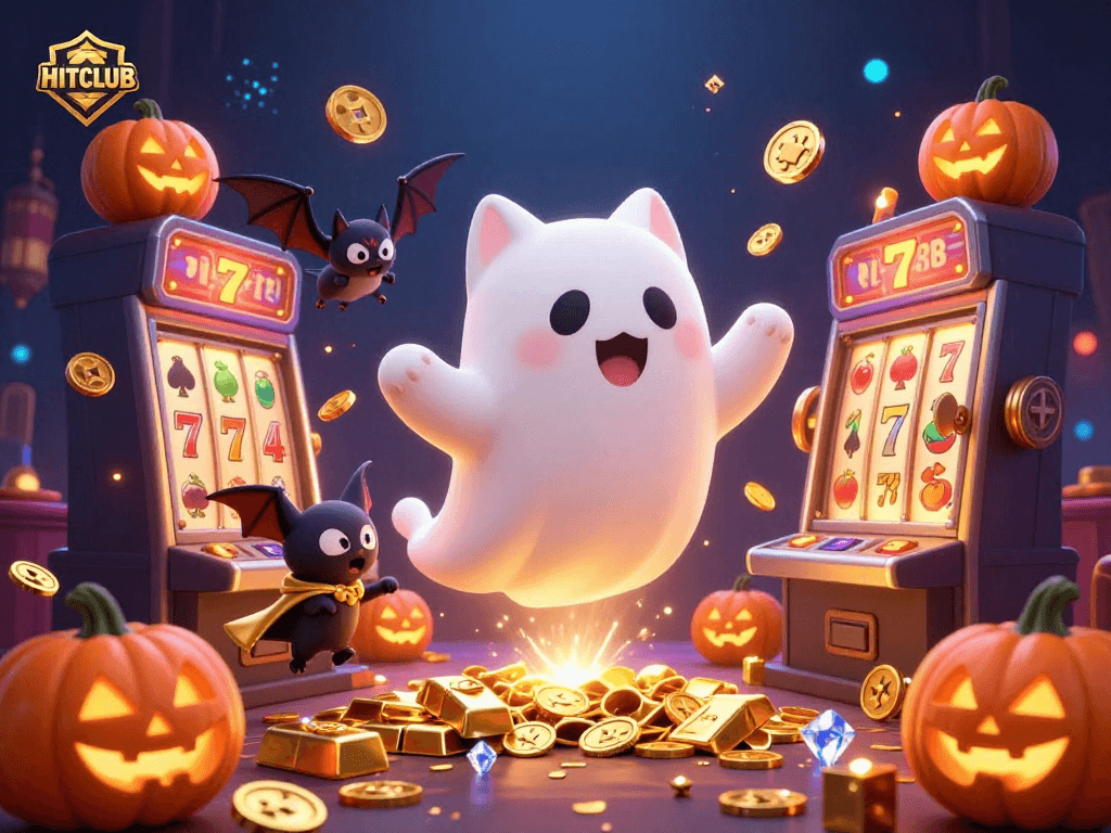 Engage with HITCLUB's dynamic casino environment featuring a friendly ghost cat and treasures, perfect for gamers.