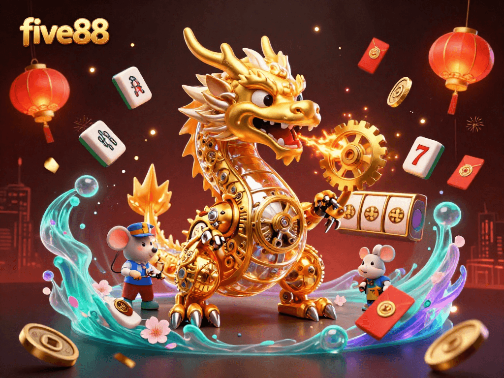 Engage with the dynamic world of five88 featuring a golden dragon and exciting casino elements.