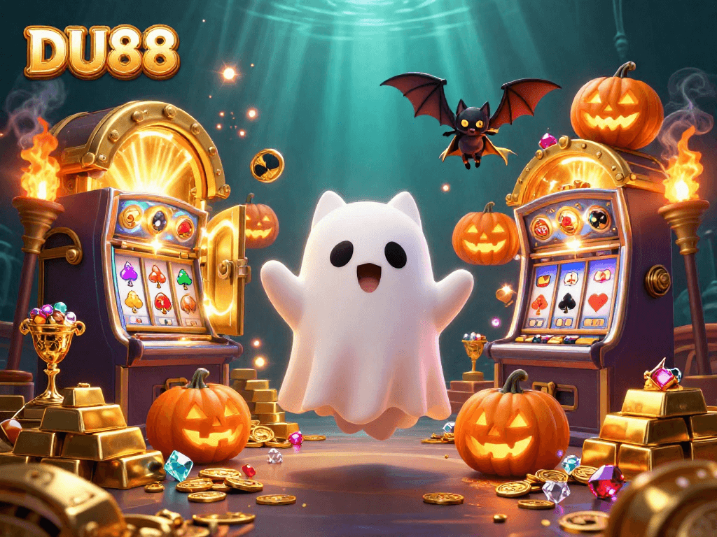 Experience the excitement of DU88 with a friendly ghost cat in a haunted casino scene.