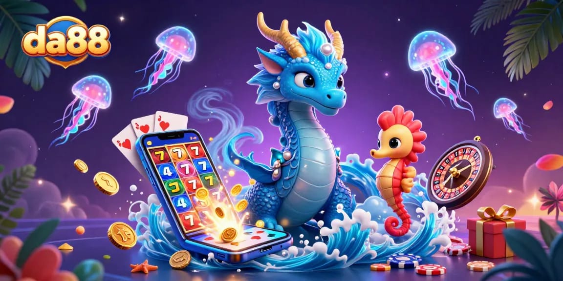 Spin the reels with da88 at this vibrant 3D casino illustration featuring slot games and magical sea creatures.