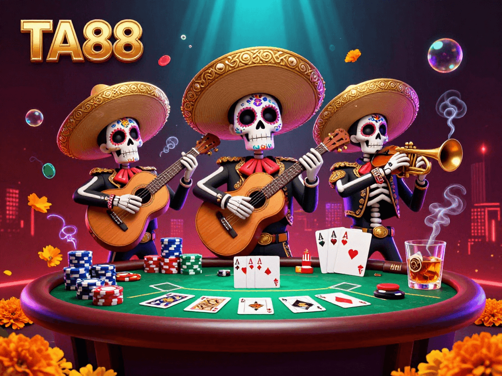 Experience vibrant TA88 mariachi skeletons among poker elements in a stunning casino scene.
