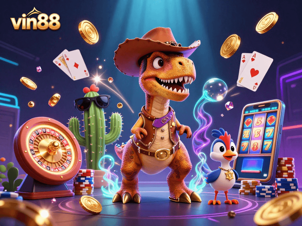 Win big at vin88 with this exciting casino scene featuring a T-Rex and lucky symbols!