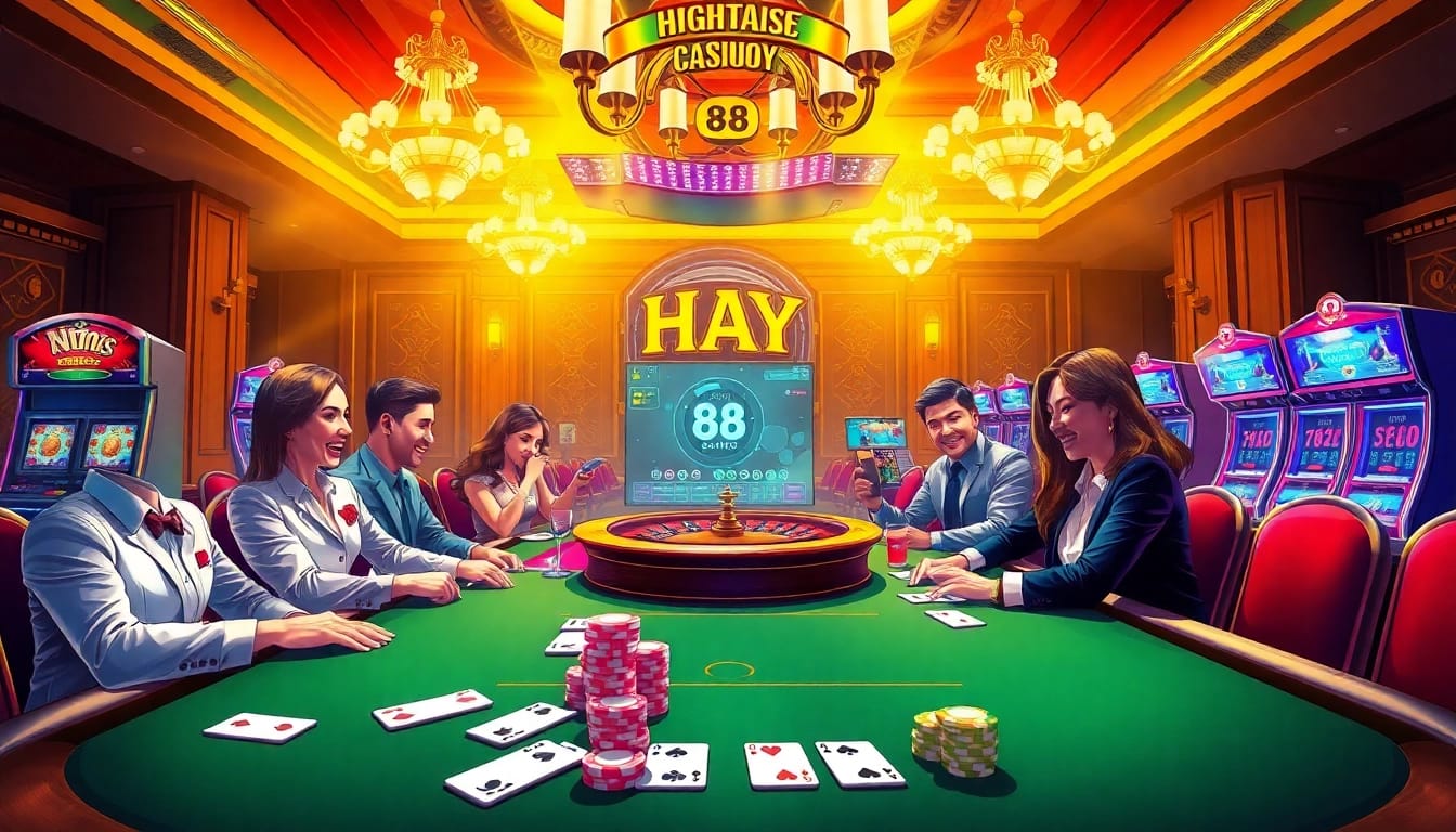 Experience the excitement of HAY 88 with players celebrating their wins at a luxurious casino table.