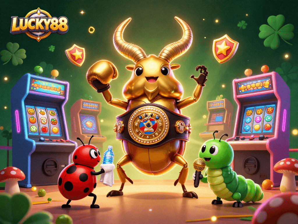 Engage in thrilling gameplay at LUCKY88 with golden stag beetle champion and vibrant slot machines in a lively casino scene.
