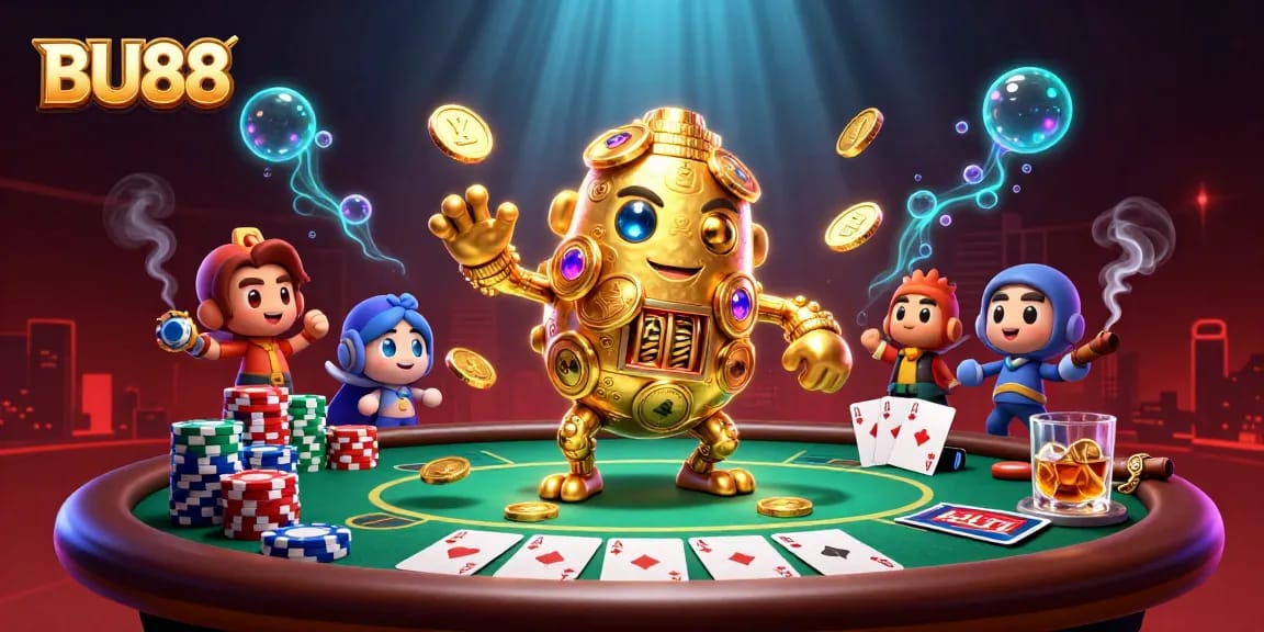 Engage with BU88's vibrant casino scene featuring a golden golem, poker elements, and rich detail.