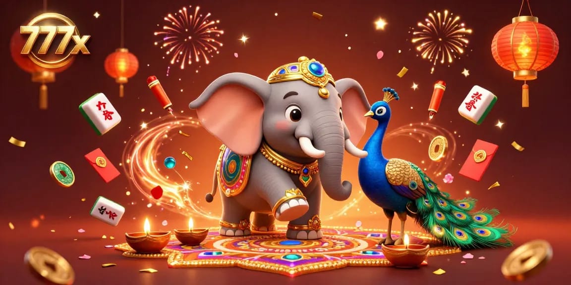 Experience the excitement of 777x with a vibrant 3D casino scene showcasing festive characters and rich decorations!