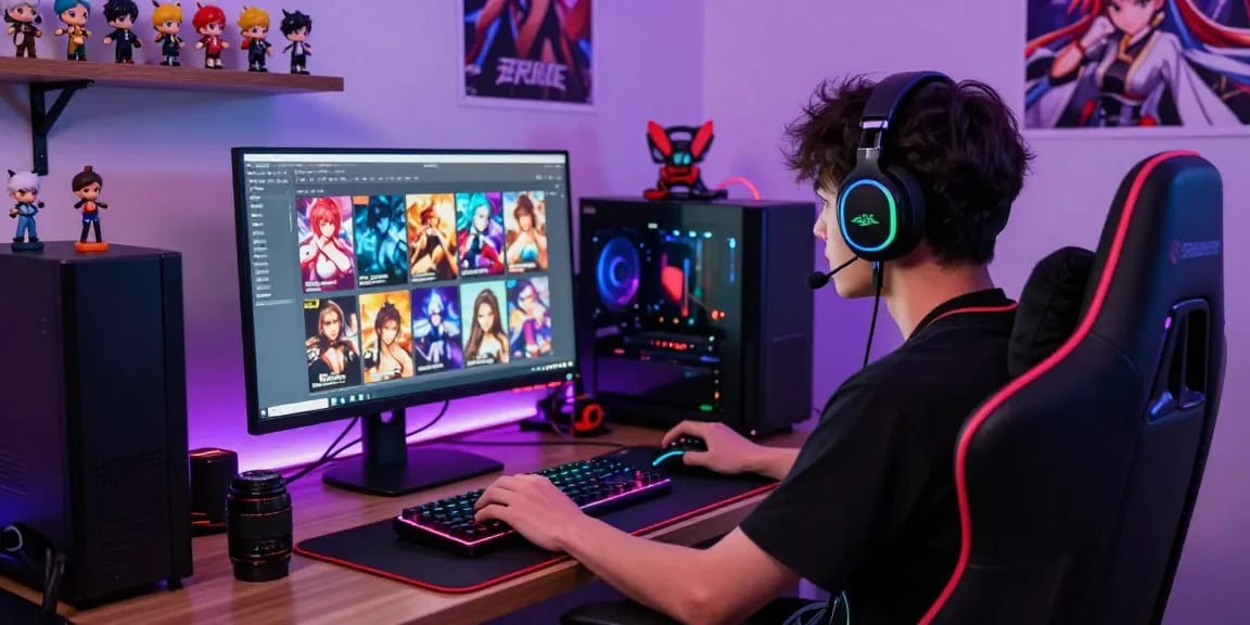 Playing free hentai games in a vibrant gaming setup with colorful lighting.