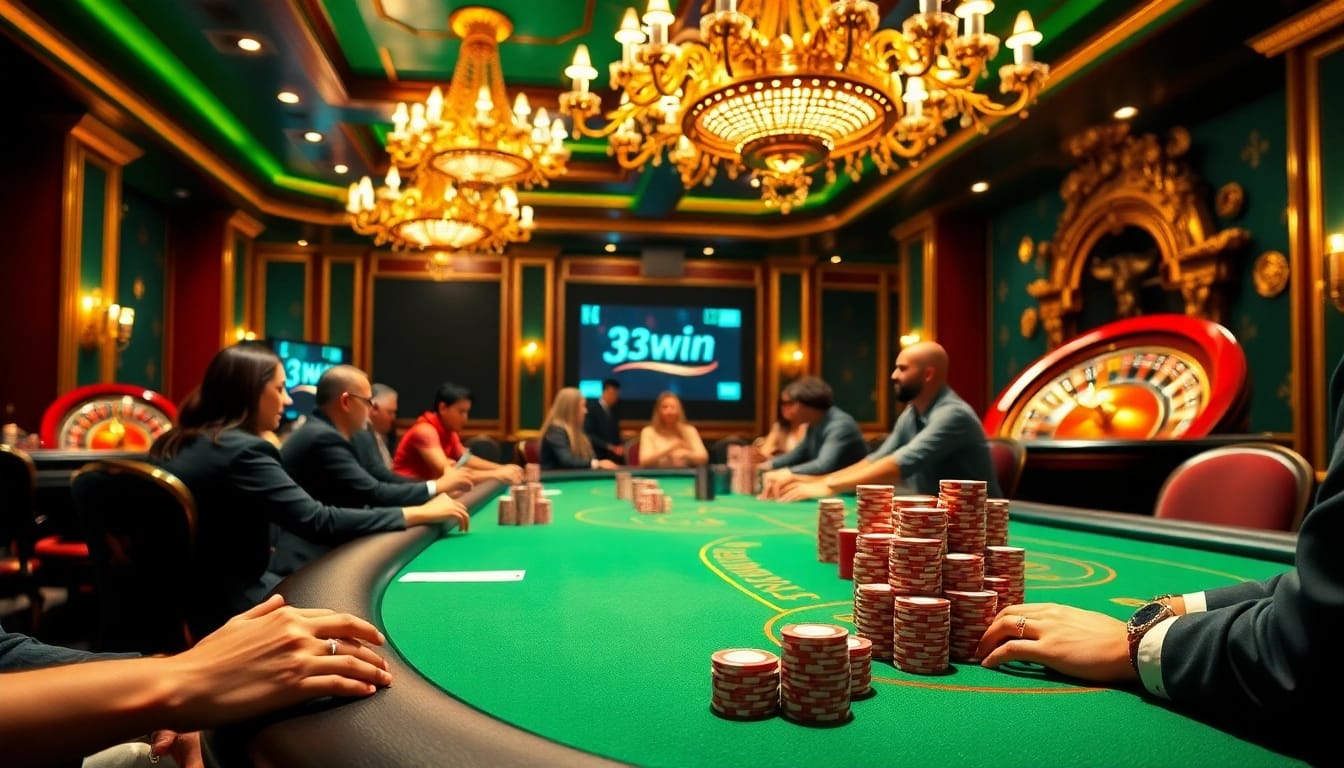 Players enjoying high-stakes poker at 33win casino, featuring luxurious decor and vibrant energy.