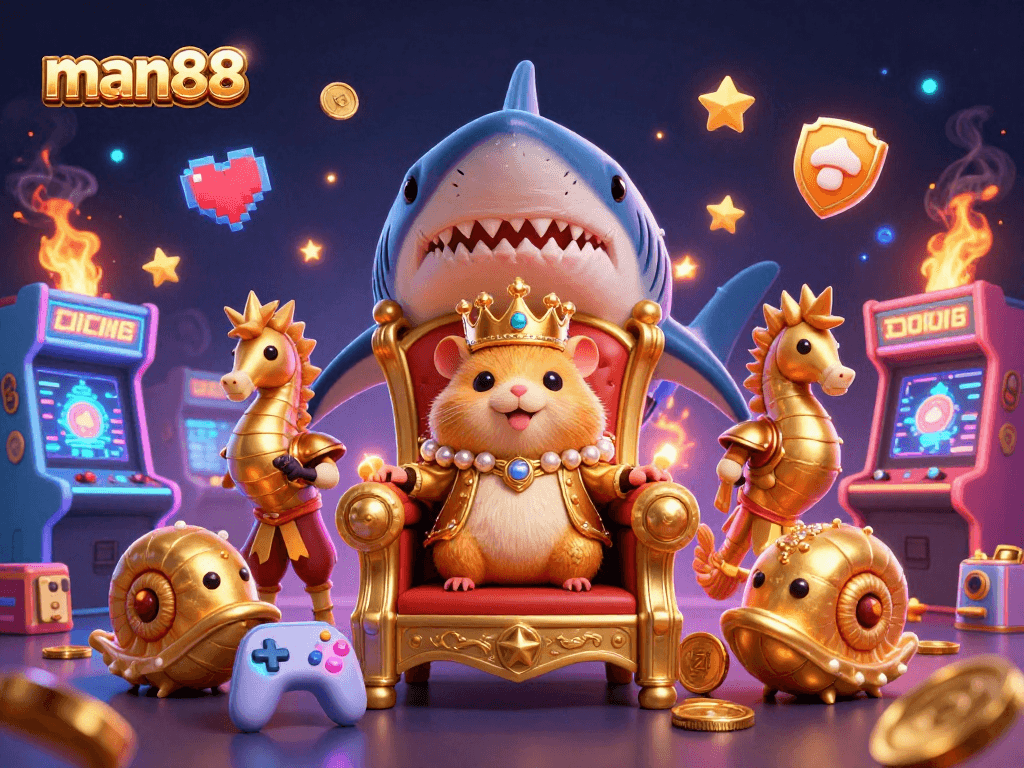 Experience the thrill of man88 with the golden hamster king ruling the casino kingdom amidst vibrant game elements.