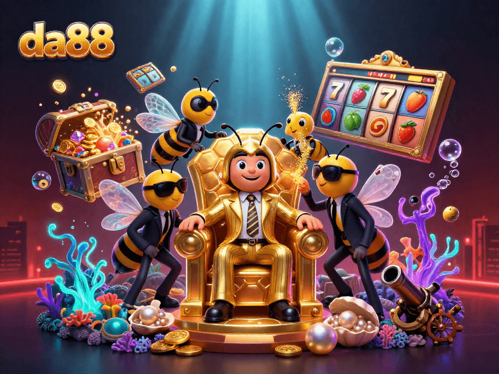 Experience da88 in an explosive 3D casino scene featuring a bumblebee mob boss and vibrant symbols.