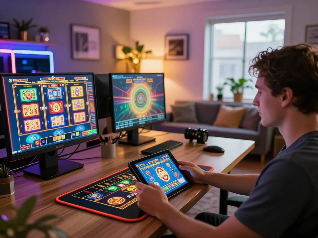 Player enjoying online gaming at home on the TG88 platform with tablet, showcasing vibrant gameplay.