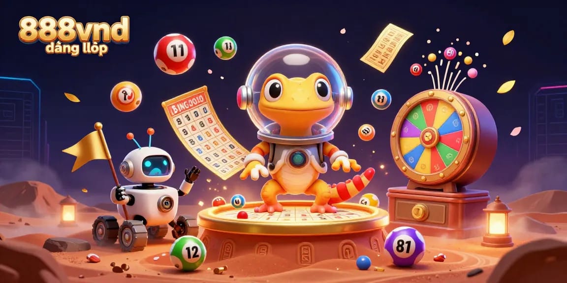 Join the fun at 888vnd đăng nhập with lively lottery balls and golden casino treasures in an exciting Martian gaming scene.