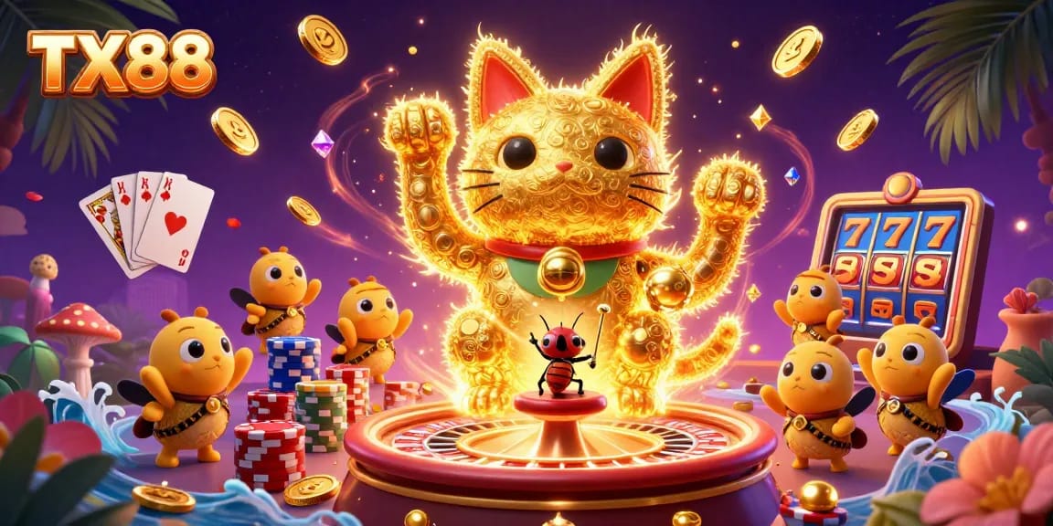 Engage with TX88's vibrant casino scene showcasing a lucky cat, coins, gemstones, and more.