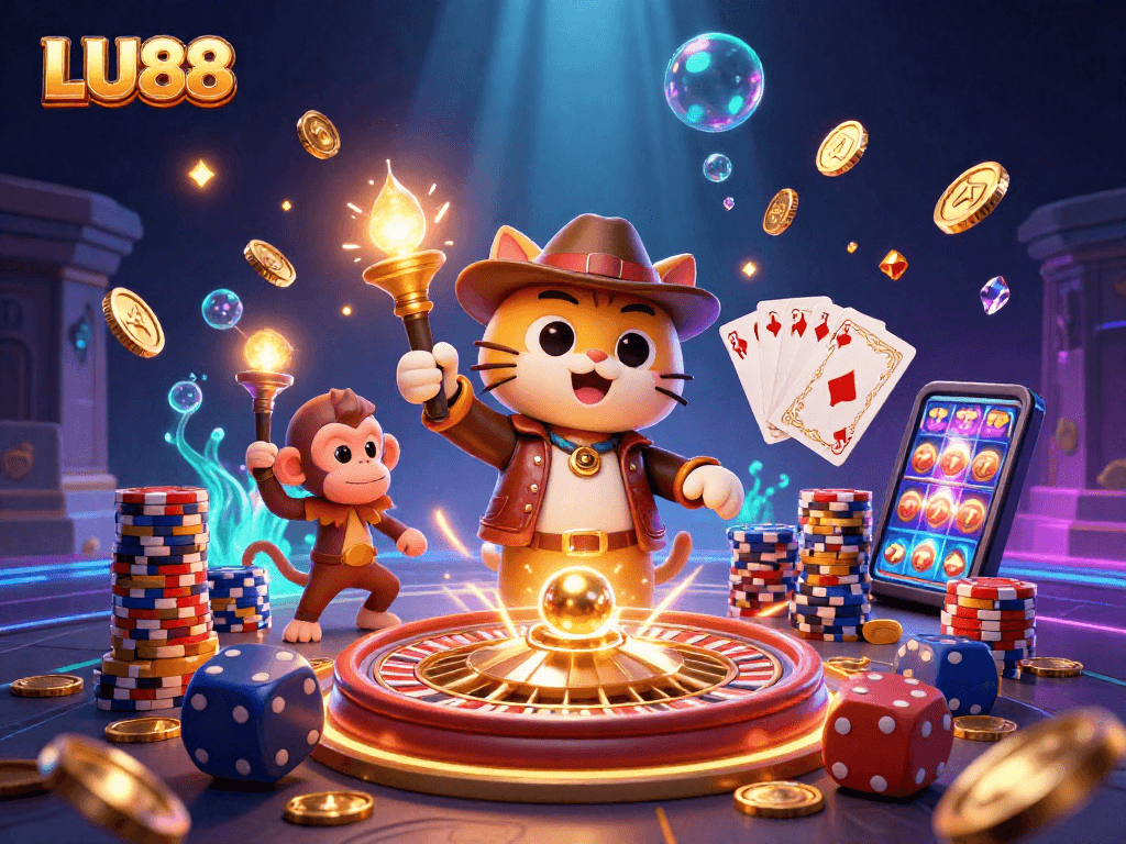 LU88's dynamic casino adventure illustration featuring an archaeologist cat and monkey amidst golden treasures.
