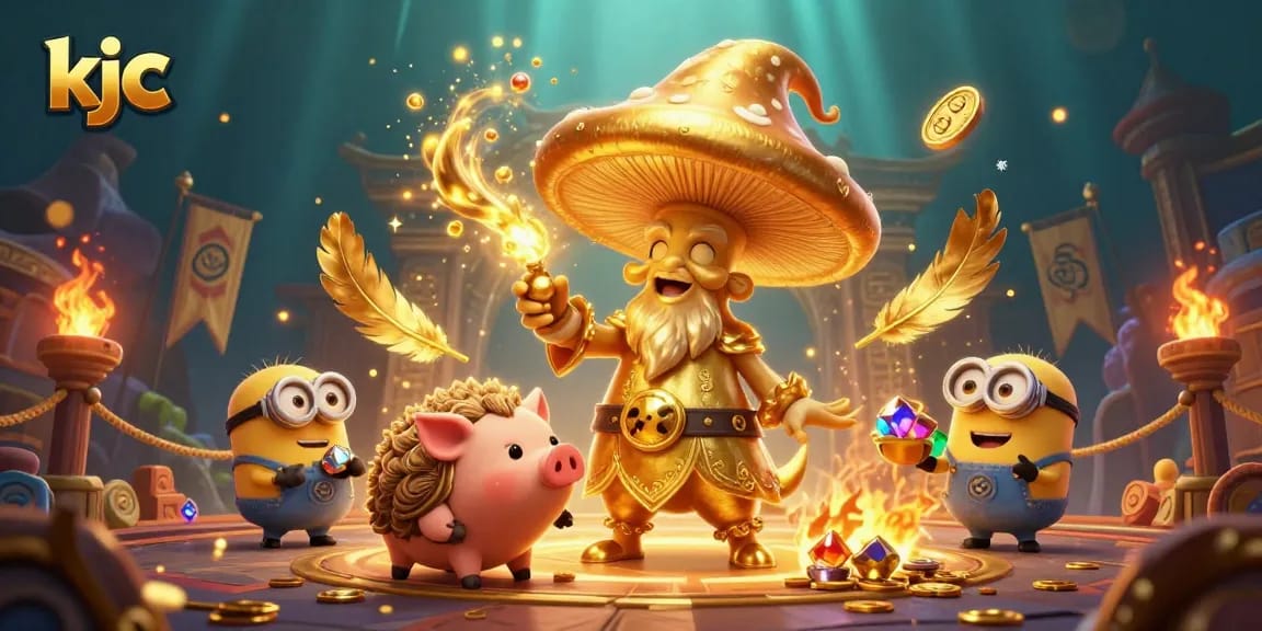KJC depicts exciting online gambling with enchanting golden mushroom wizard and treasure-hunting truffle pig.