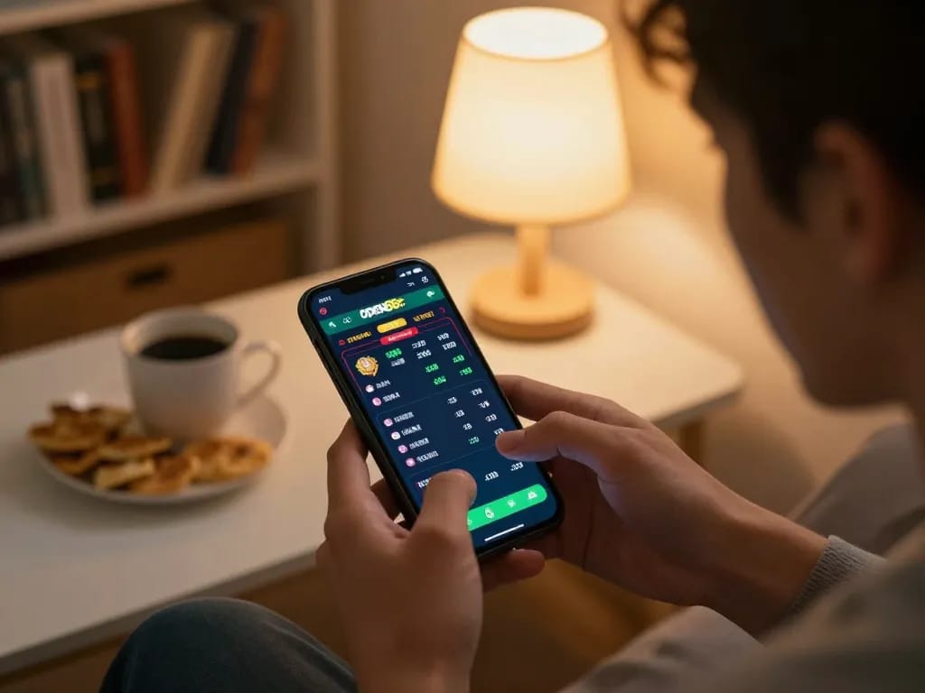Player engaging with open88c mobile app for live sports betting in a cozy home setting.
