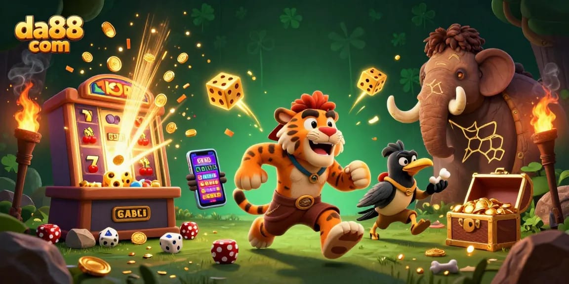Experience thrilling gameplay at da88 com in this vibrant prehistoric casino scene with colorful elements.