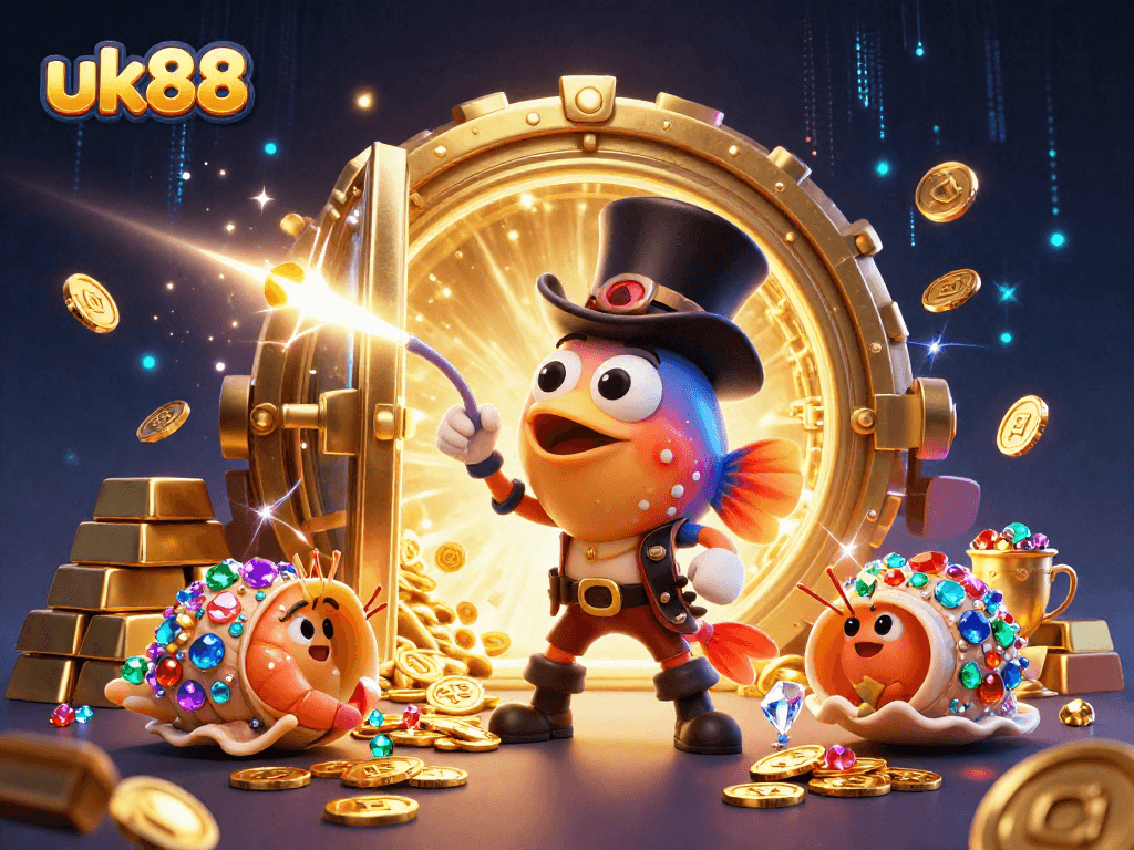 Experience the excitement of gaming with uk88, featuring vibrant casino characters and treasure.