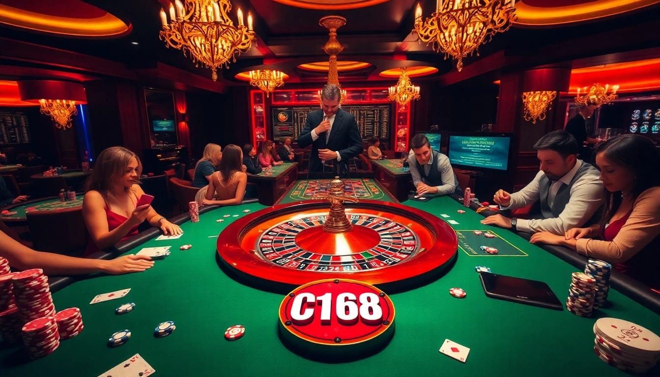 Players enjoying a high-stakes game at a roulette table with C168 chips in a luxurious casino setting.