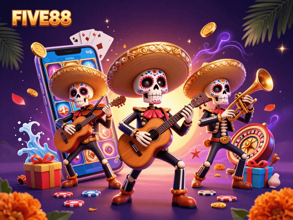 Spin to win with FIVE88: Vibrant skeleton mariachi band and an exciting gaming scene.