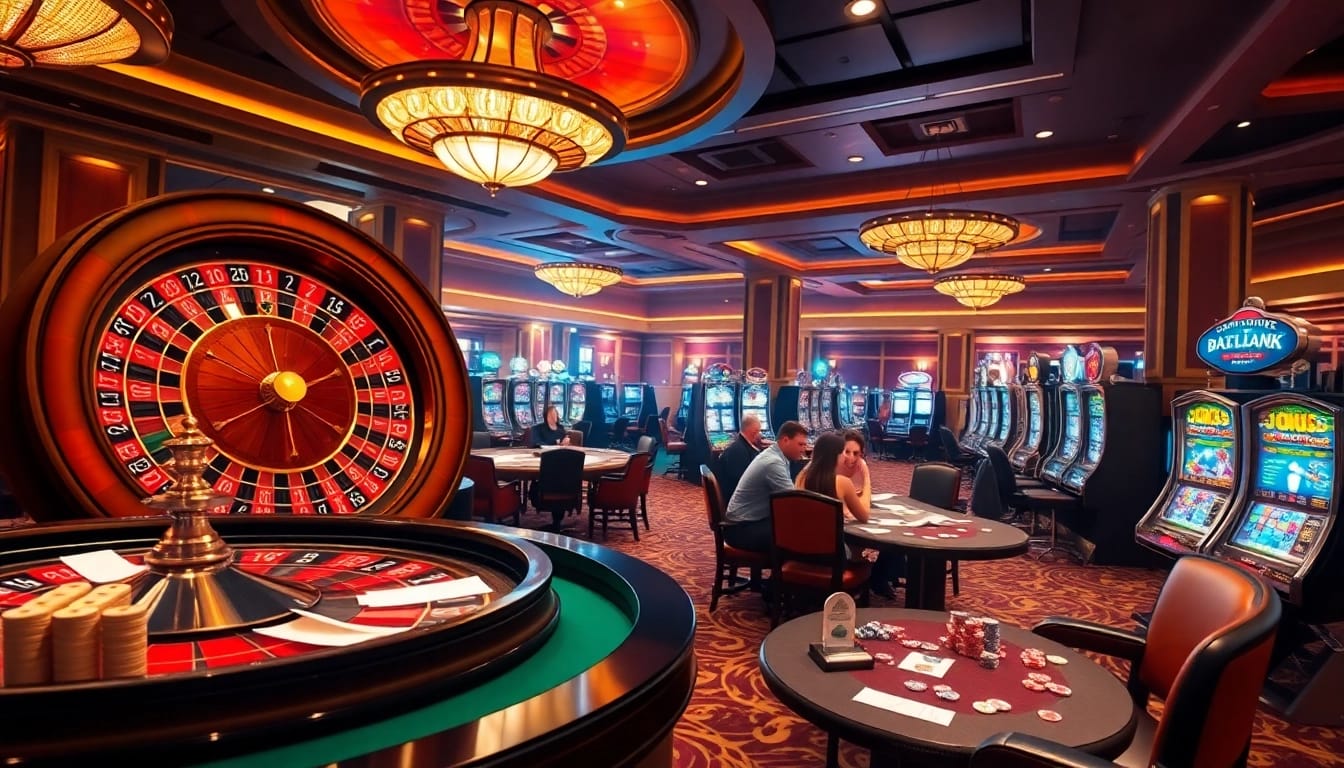 Exciting casino scene with poker and roulette showcasing JUMLAH BACKLINK on promotional materials.
