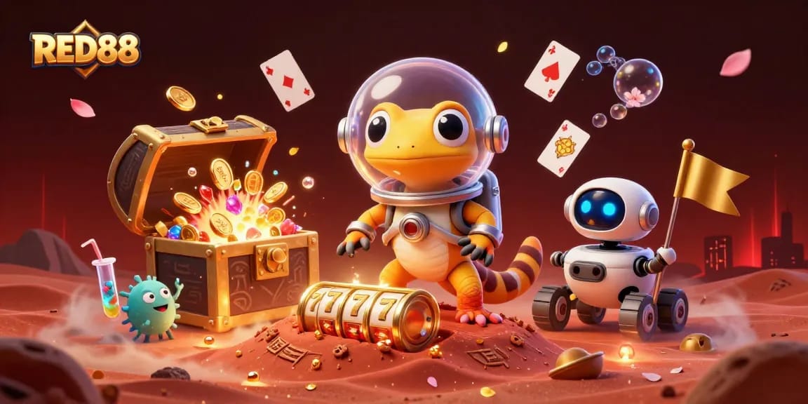 Engage in exciting casino adventures with RED88 as a Martian gecko discovers buried treasures and slot games.