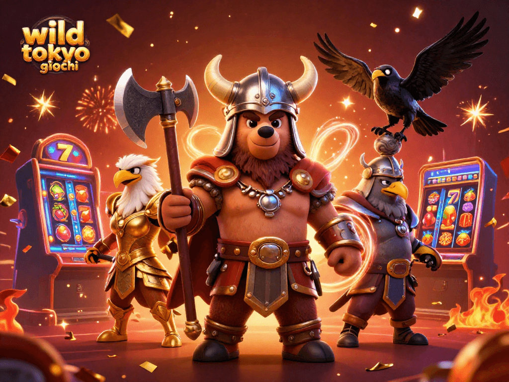Gioca ai titoli wild tokyo giochi con un'illustrazione dinamica di un orso vichingo e un'aquila valchiria al casinò.