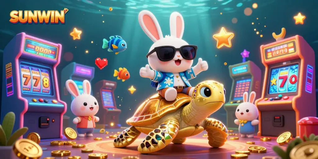 SUNWIN offers thrilling jackpot games with a lucky rabbit and golden turtle in a vibrant casino scene.