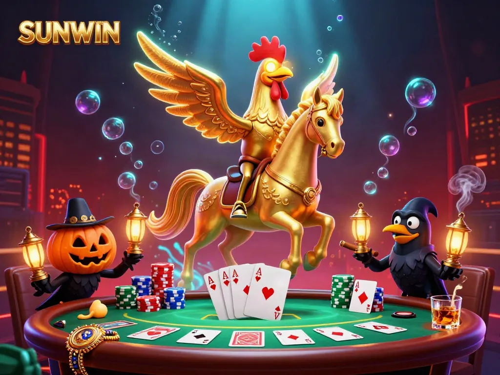 Experience excitement at SUNWIN casino with a golden rooster headless horseman and pumpkin crows in a vibrant poker scene.