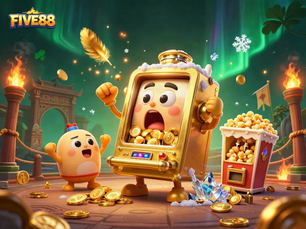 FIVE88 brings excitement as smiling slot machines hit jackpots in a vibrant casino scene.