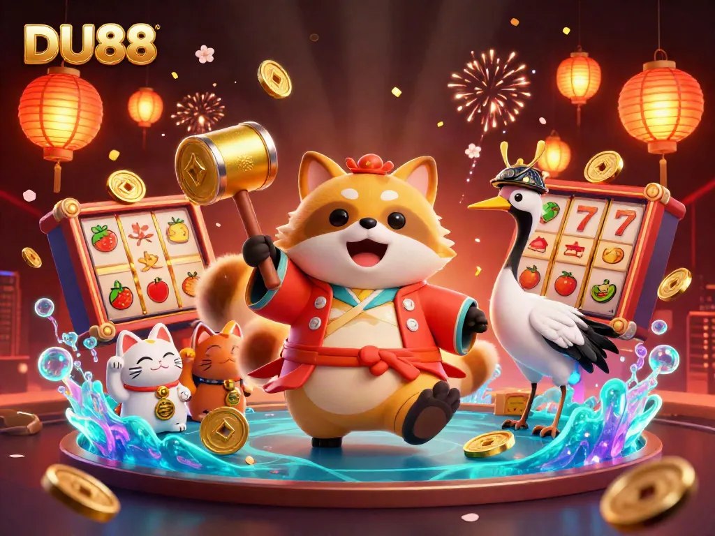 Experience the excitement at DU88 with a vibrant casino scene featuring characters and colorful gaming elements.