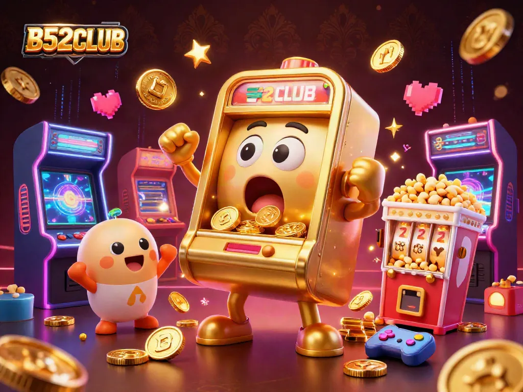 B52CLUB slot machine hits the jackpot with coins pouring out, surrounded by exciting game elements.