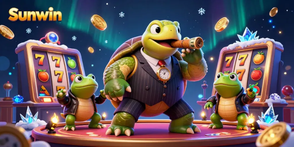 Play exciting slot games at Sunwin with a vibrant casino atmosphere featuring fun characters and dynamic effects.