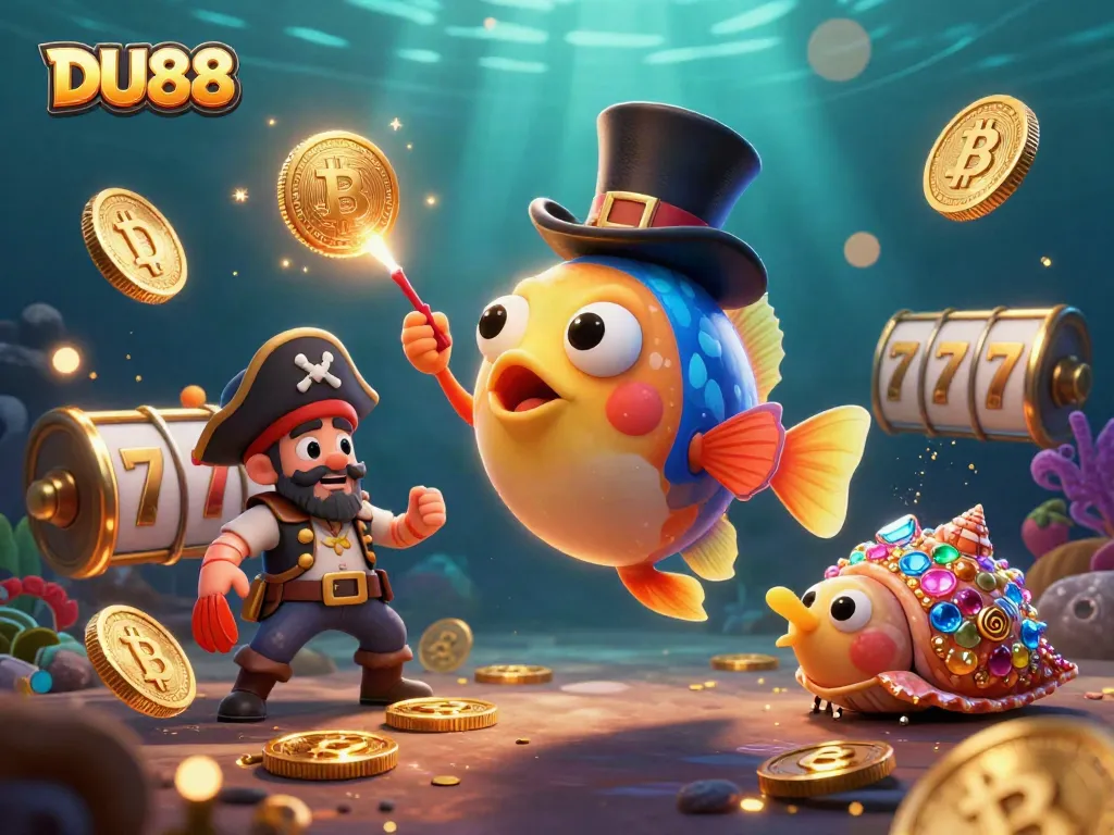 Engage in gambling excitement with DU88, showcasing a vibrant scene of gambling symbols and characters.