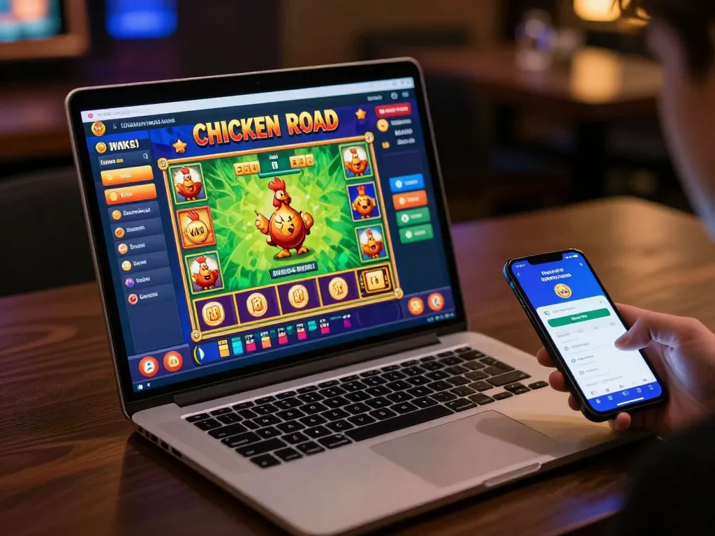 Giocatore che interagisce con l'interfaccia del gioco Chicken Road mentre esplora recensioni chicken road online, mostrando grafica vibrante e opzioni di scommessa