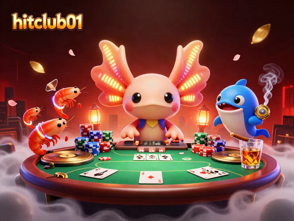 hitclub01 - Engage in vibrant poker action with an animated axolotl DJ and lively shrimp dancers