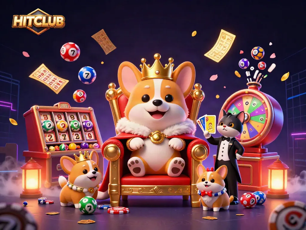 Engage in HITCLUB gaming excitement with colorful lottery balls and royal casino characters.