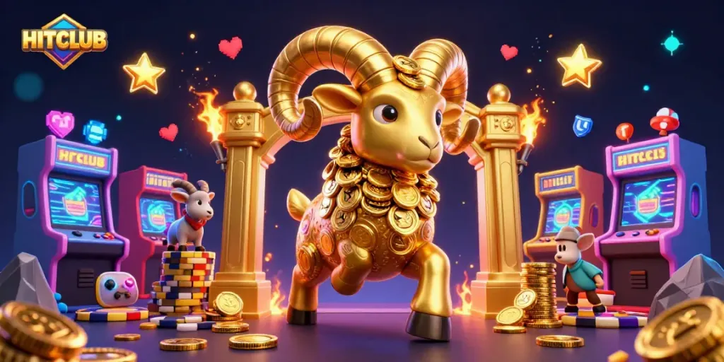 HITCLUB engages players with a vibrant, dynamic illustration showing a golden ram charging through a playful casino world.