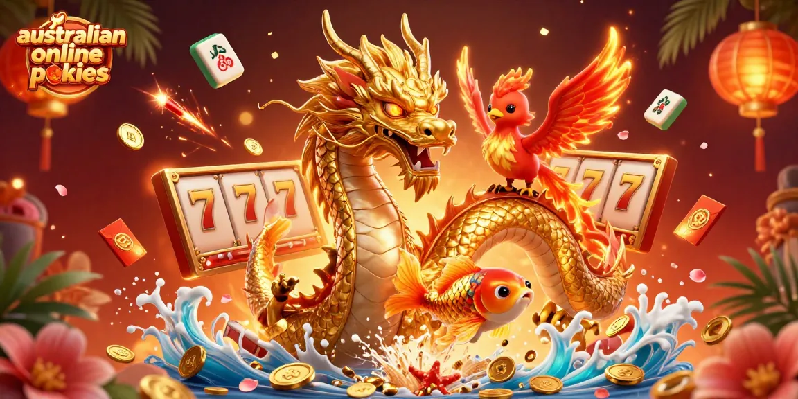 Play australian online pokies with excitement in this vibrant 3D illustration packed with casino symbols.